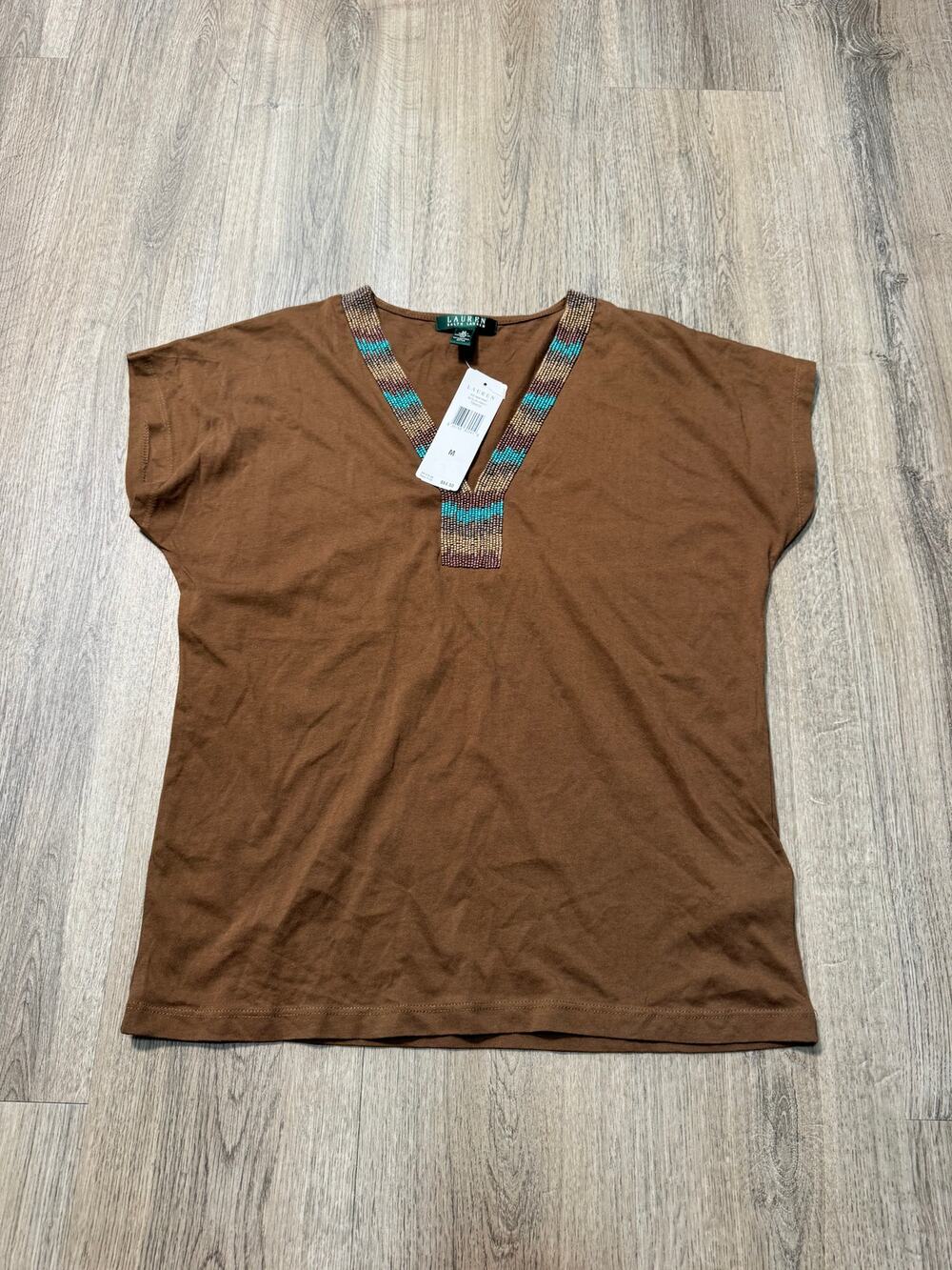 Lauren Ralph Lauren Women's Brown Short Sleeve V-Neck Top